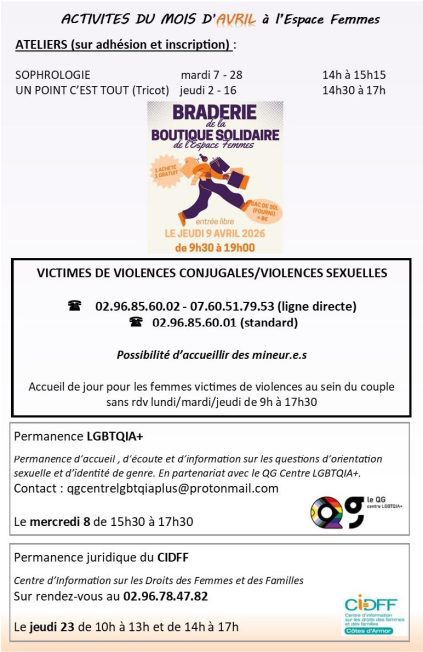 Activités du mois d'avril à l'Espace Femmes recto
